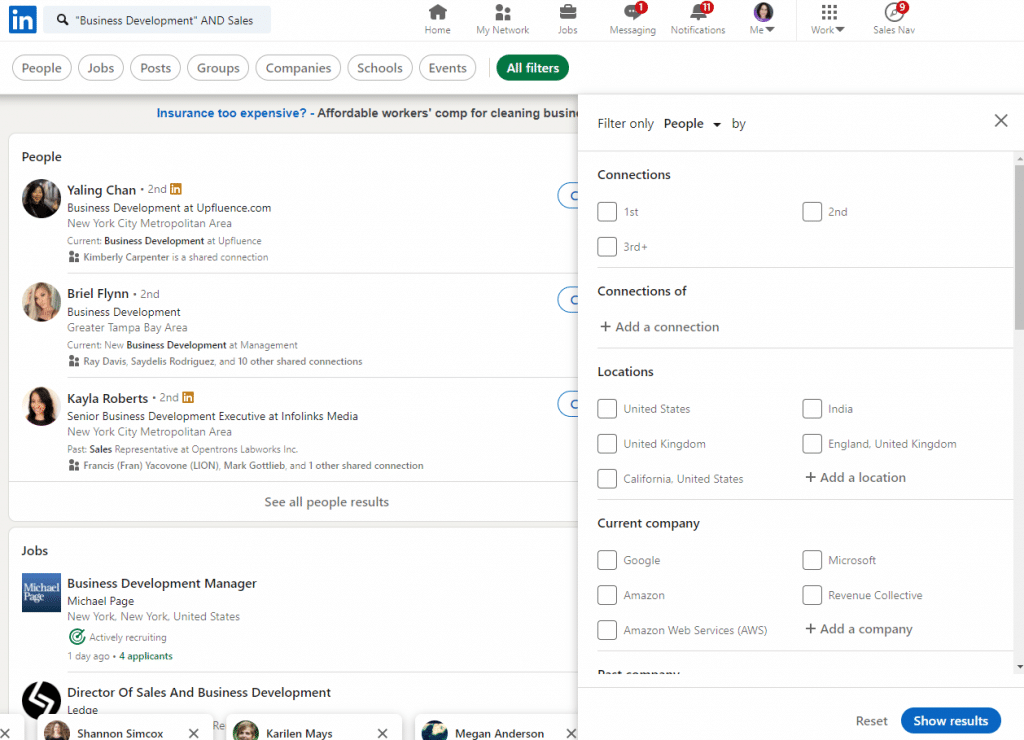 [Screenshot: LinkedIn search results for a content manager at a target website with the profile showing their role]