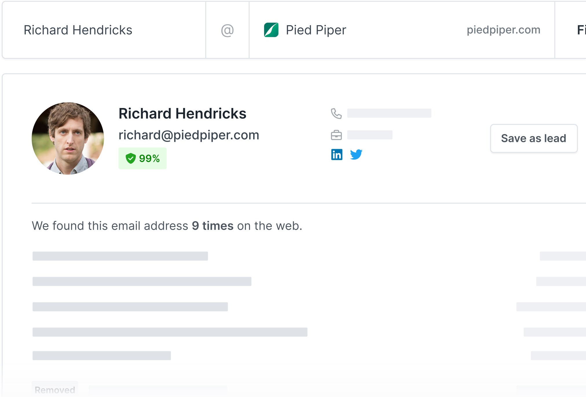 [Screenshot: An email finder tool showing verified email results for a contact name and company domain]