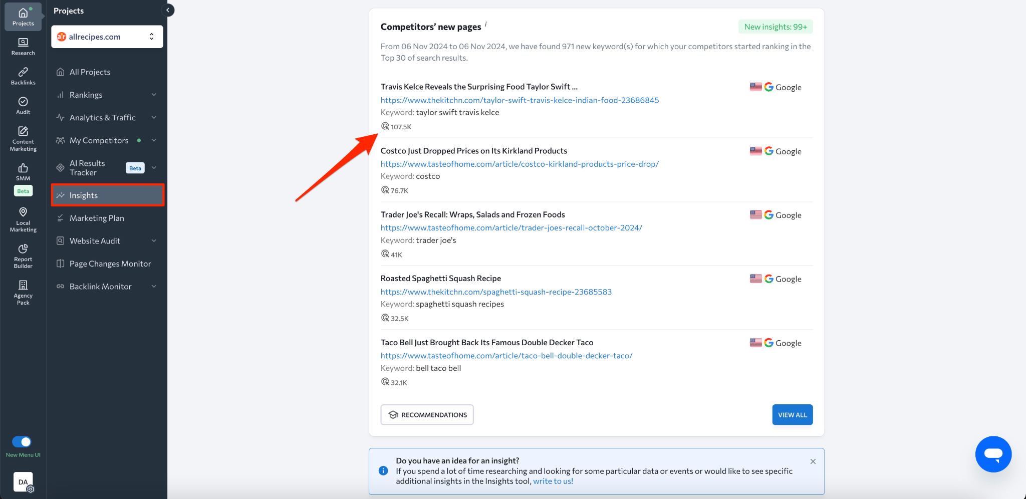 [Screenshot: A top pages report in an SEO tool showing a competitor&rsquo;s best-performing URLs sorted by estimated organic traffic]