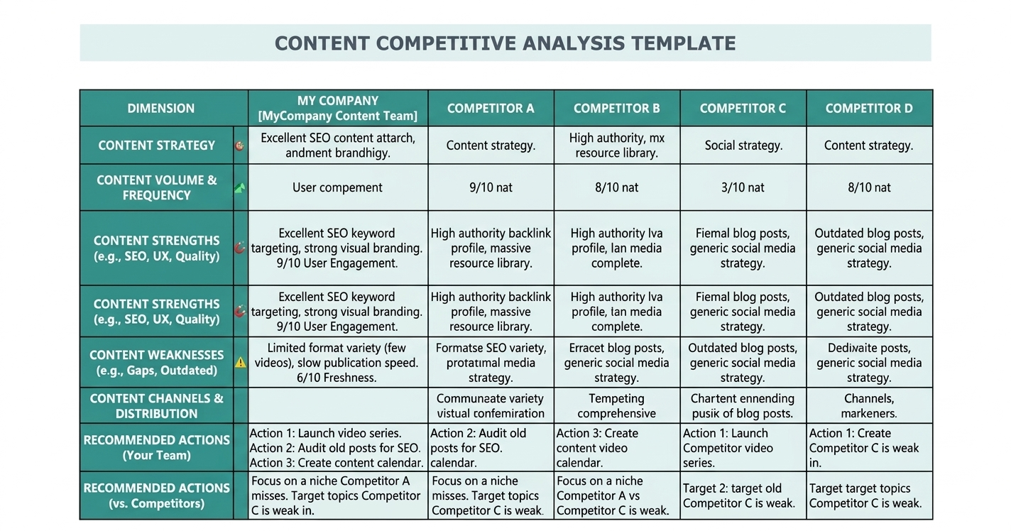 [Screenshot: A competitor analysis report template with sections for content strengths, weaknesses, and recommended actions]