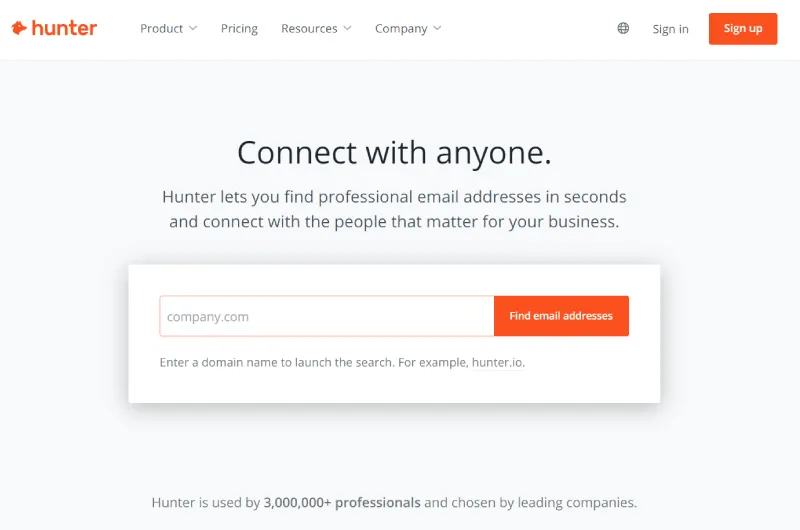 [Screenshot: Hunter.io search interface with a name and domain entered, showing the returned email and confidence score]