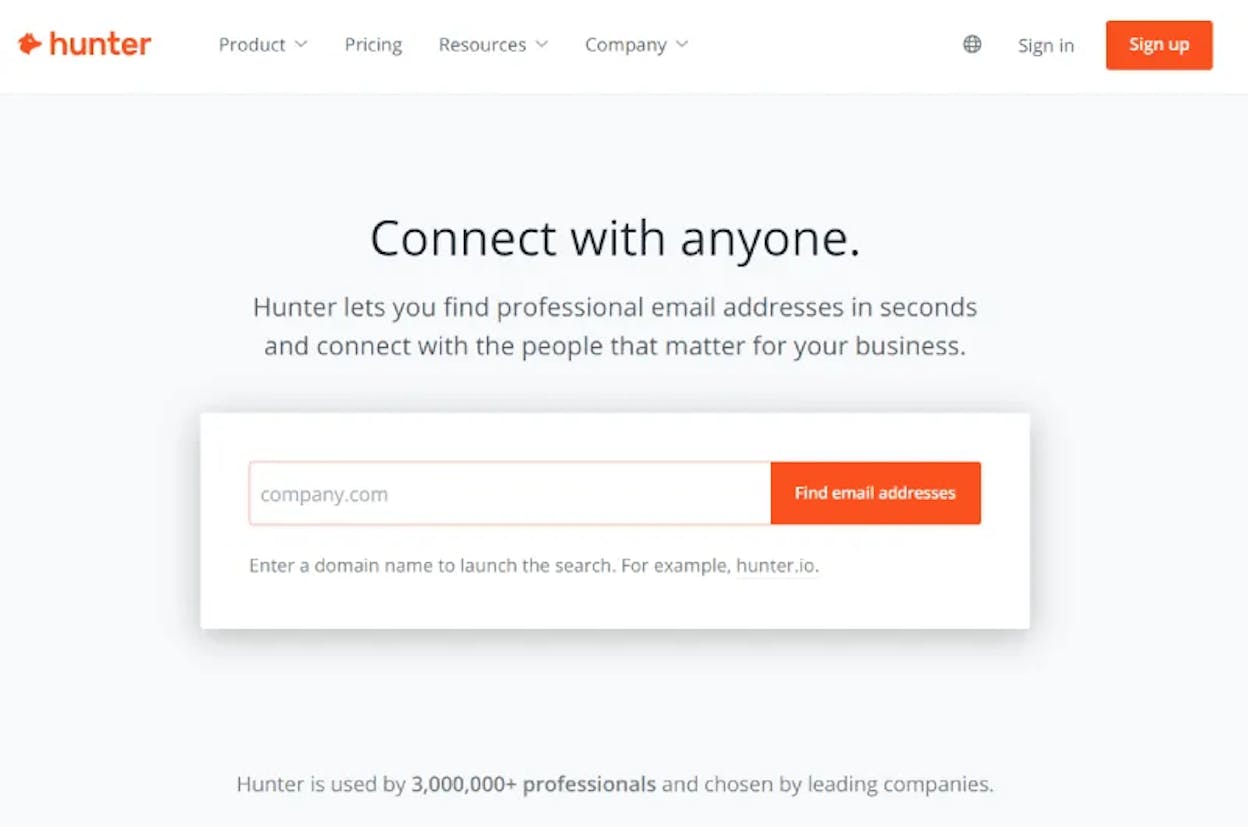 [Screenshot: Hunter.io search interface with a name and domain entered, showing the returned email and confidence score]
