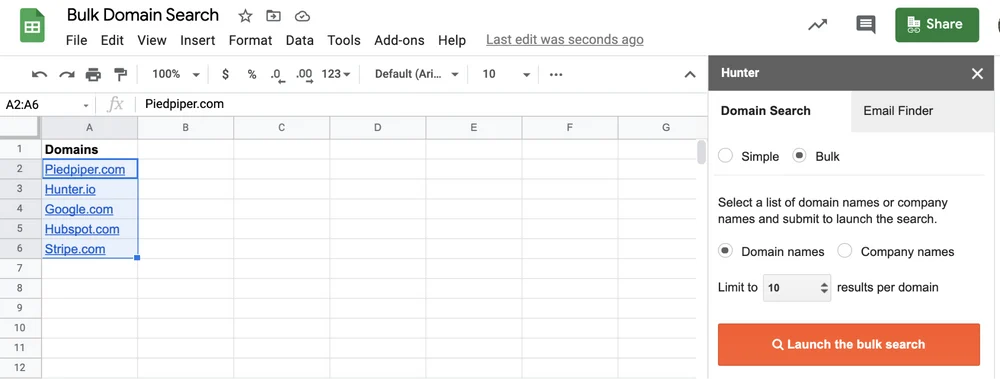 [Screenshot: Hunter Sheets add-on running across a column of names and domains, populating the email column]