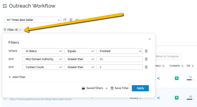 [Screenshot: Pitchbox prospect filtering screen with Domain Rating and other quality filters set]