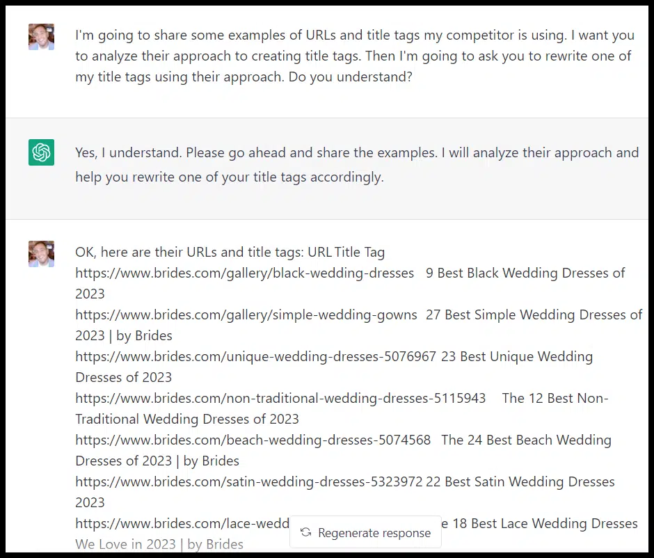 [Screenshot: ChatGPT generating 10 title tag variations from a single prompt]