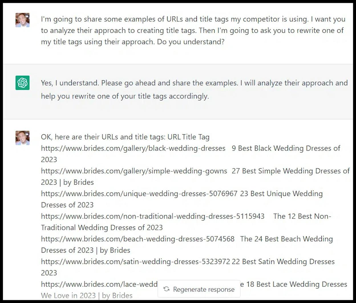 [Screenshot: ChatGPT generating 10 title tag variations from a single prompt]