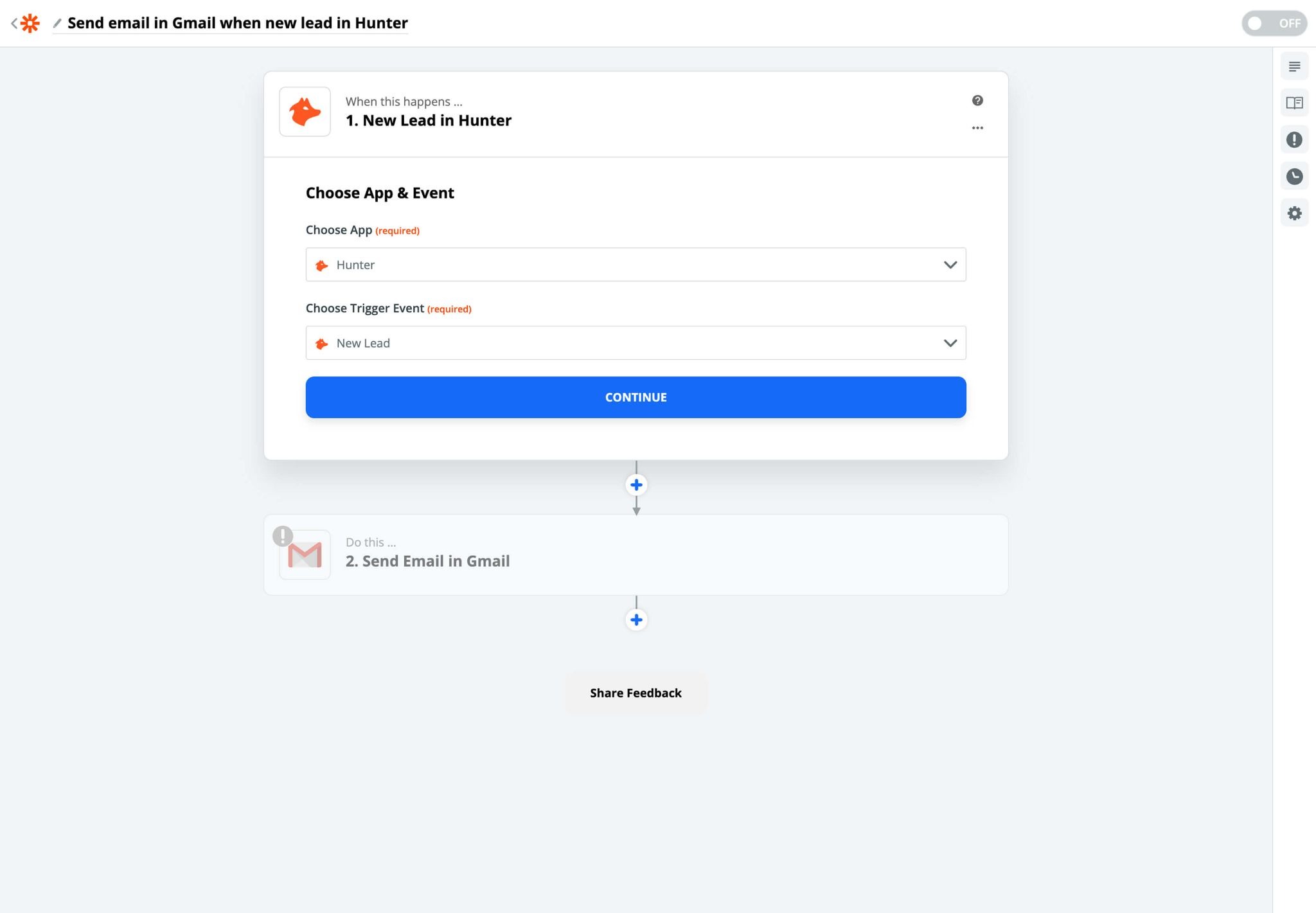 [Screenshot: Zapier multi-step workflow connecting Google Sheets, Hunter.io, and an outreach platform]