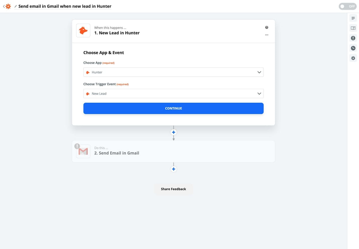 [Screenshot: Zapier multi-step workflow connecting Google Sheets, Hunter.io, and an outreach platform]