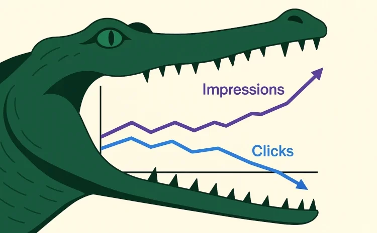 [Screenshot: GSC chart showing the classic &ldquo;crocodile mouth&rdquo; pattern with impressions rising and clicks falling, taken from a public GSC export or recreated for the article]