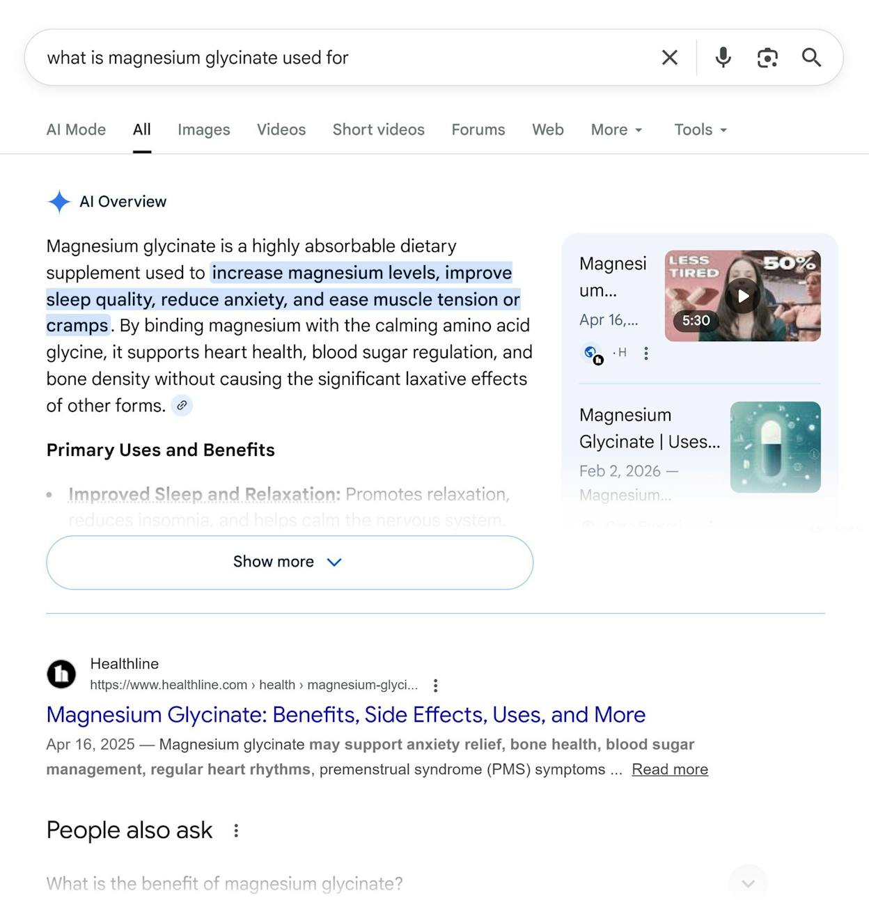 [Screenshot: A live Google SERP showing an AI Overview at the top of the page, with citation links visible to the right]