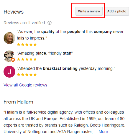 Google search results page showing &ldquo;write a review&rdquo; button next to a brand&rsquo;s knowledge panel