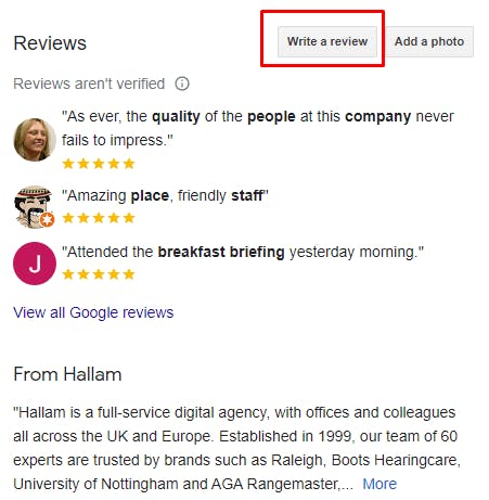 Google search results page showing “write a review” button next to a brand’s knowledge panel
