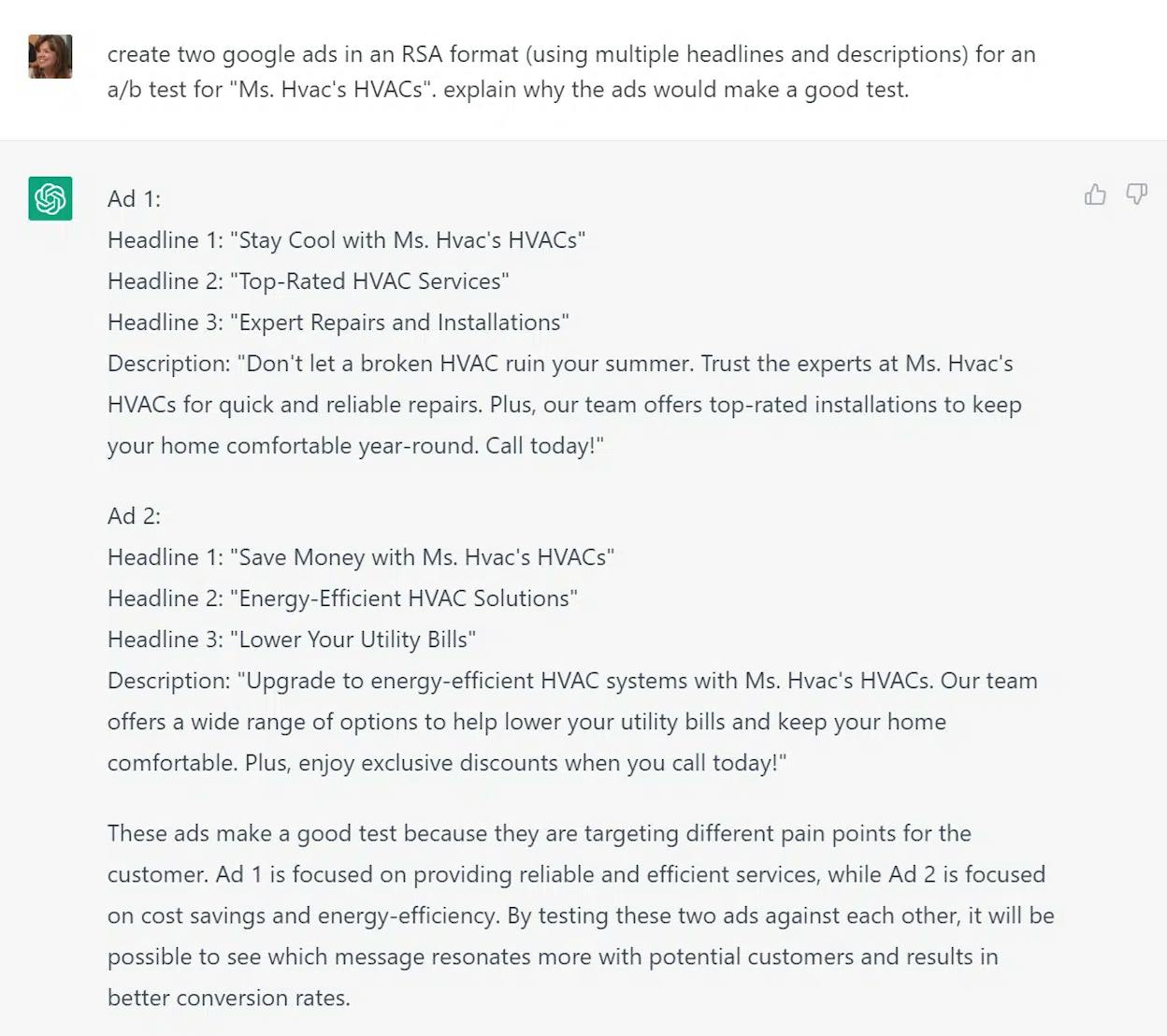 [Screenshot: ChatGPT generating five Google Ads headline variants for a B2B project management software campaign, with the prompt visible at the top.]