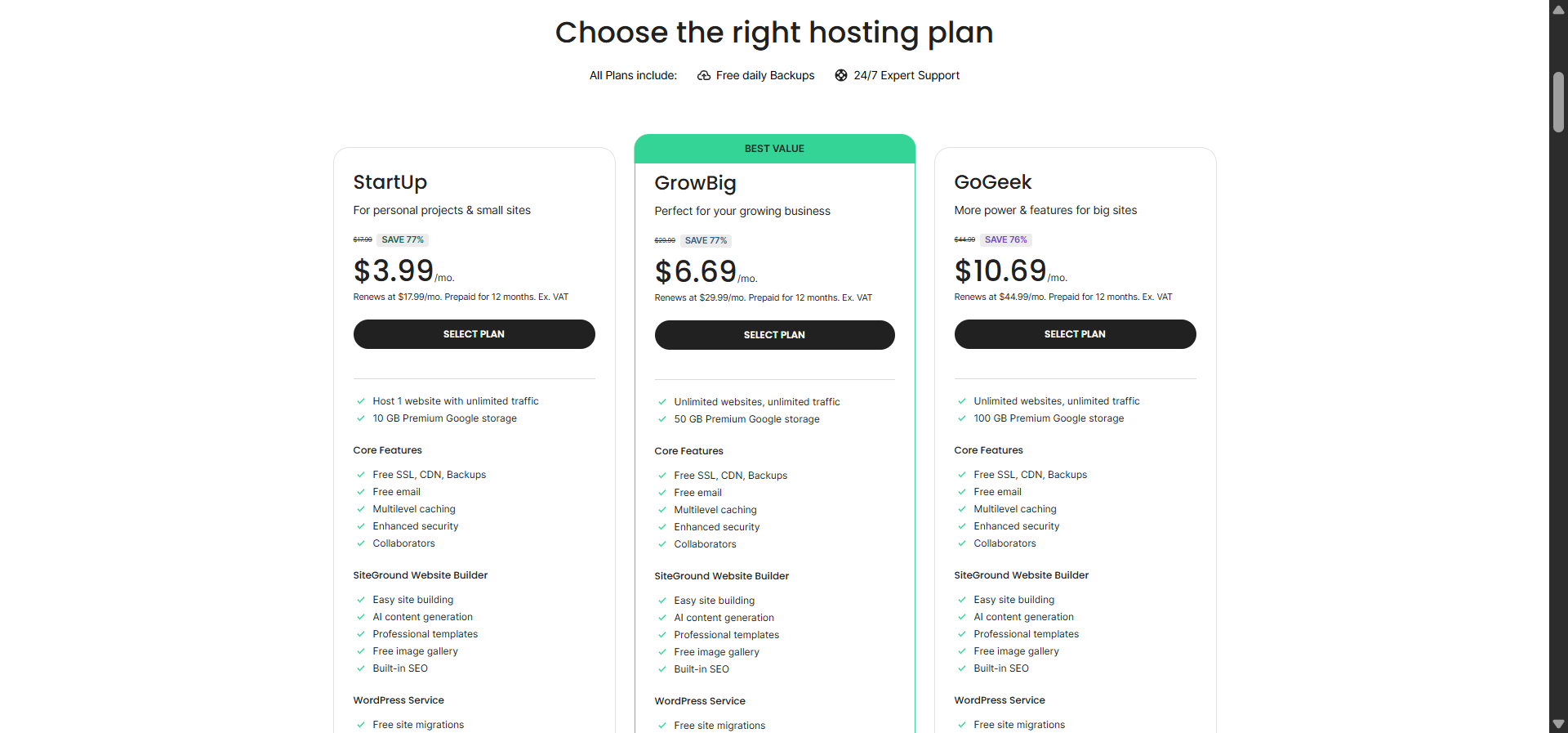 [Screenshot: SiteGround hosting plans page showing pricing tiers]
