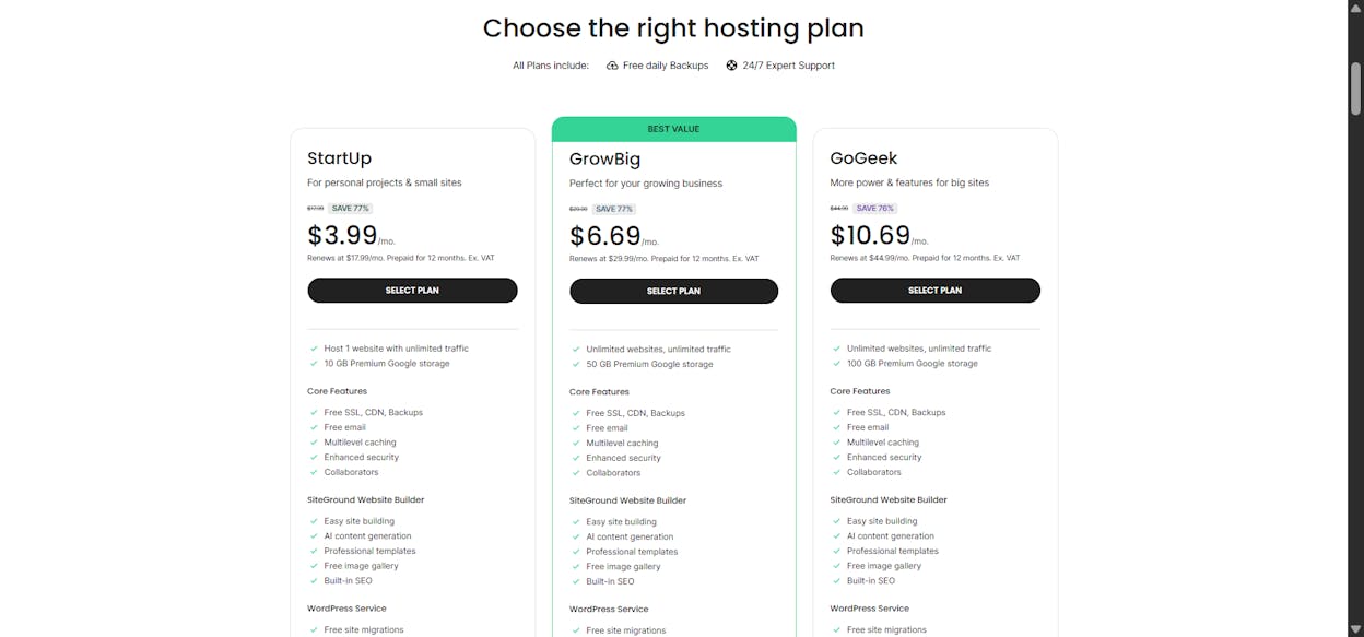 [Screenshot: SiteGround hosting plans page showing pricing tiers]