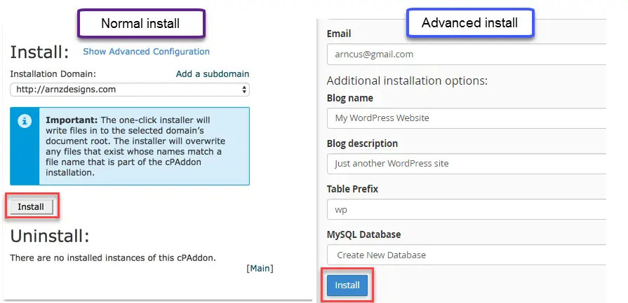 [Screenshot: One-click WordPress installer inside cPanel with the install button highlighted]