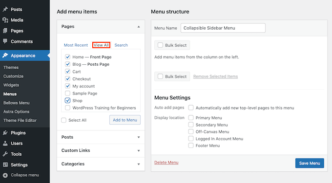 [Screenshot: WordPress dashboard showing the left sidebar menu with all options visible]