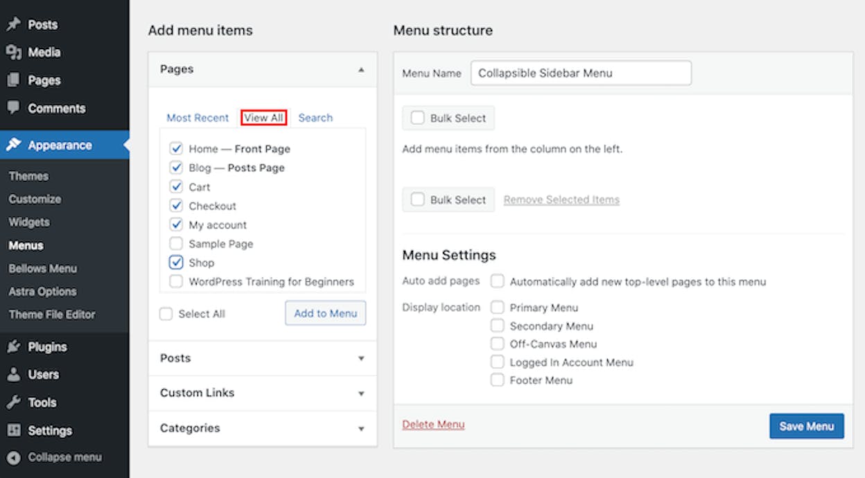 [Screenshot: WordPress dashboard showing the left sidebar menu with all options visible]