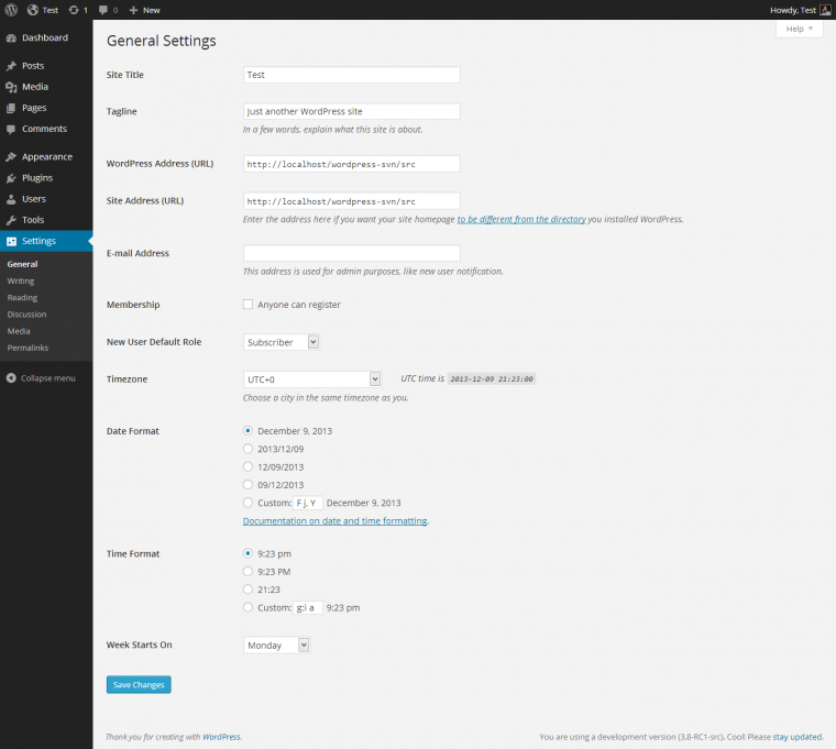 [Screenshot: WordPress General Settings screen showing Site Title, Tagline, and Timezone fields]