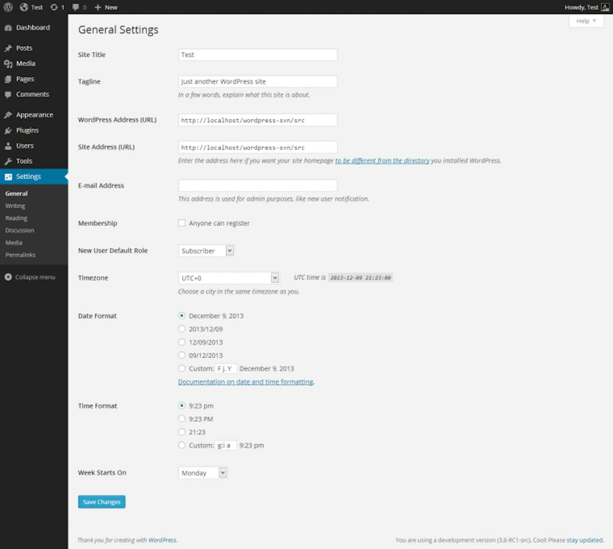[Screenshot: WordPress General Settings screen showing Site Title, Tagline, and Timezone fields]