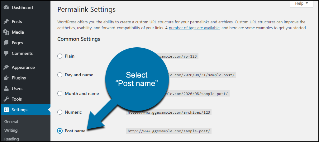 [Screenshot: WordPress Permalinks settings page with &ldquo;Post name&rdquo; option selected]