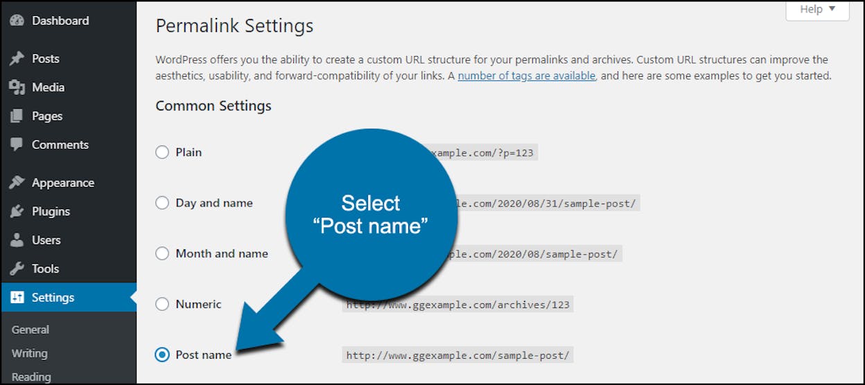 [Screenshot: WordPress Permalinks settings page with &ldquo;Post name&rdquo; option selected]