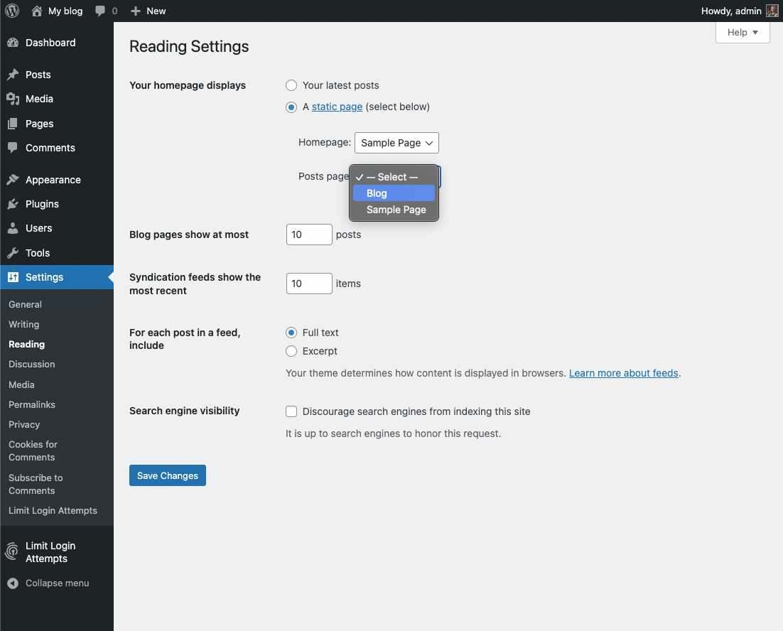 [Screenshot: WordPress Reading Settings showing &ldquo;A static page&rdquo; selected with homepage dropdown]
