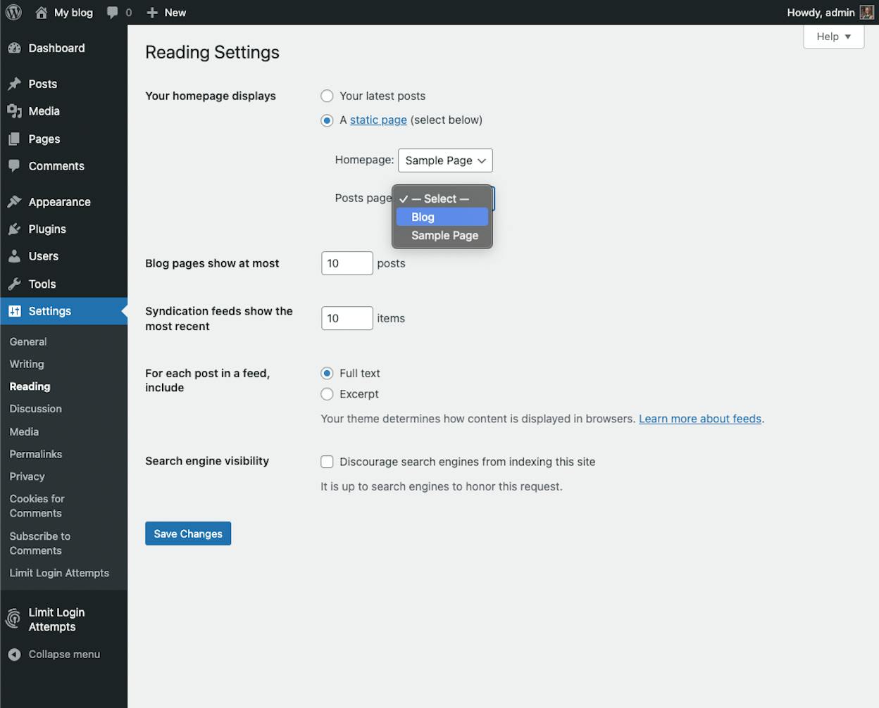[Screenshot: WordPress Reading Settings showing &ldquo;A static page&rdquo; selected with homepage dropdown]