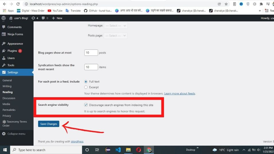 [Screenshot: WordPress Reading Settings with &ldquo;Search engine visibility&rdquo; checkbox unchecked and highlighted]