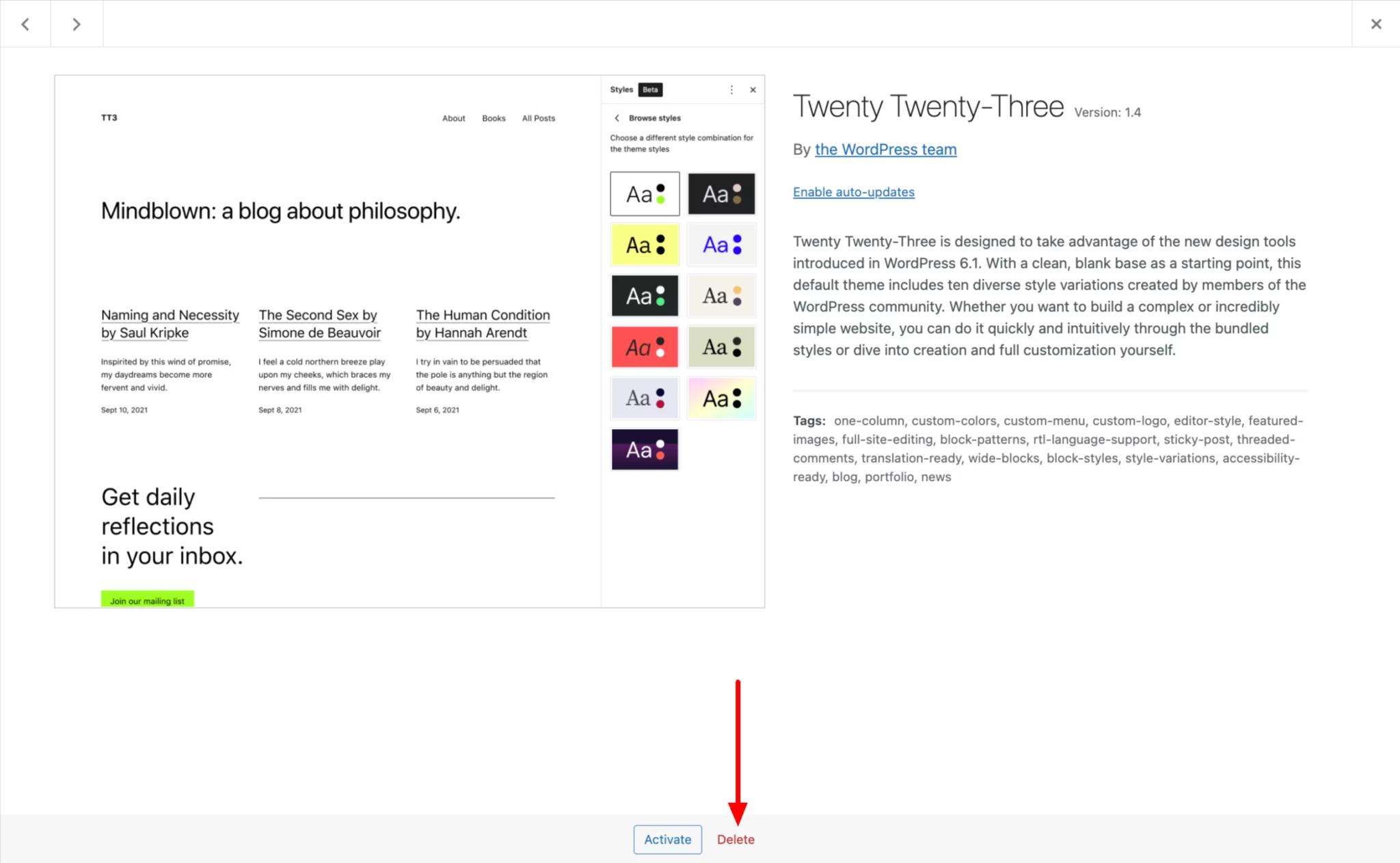[Screenshot: WordPress Themes page with the Delete button visible on an unused theme]