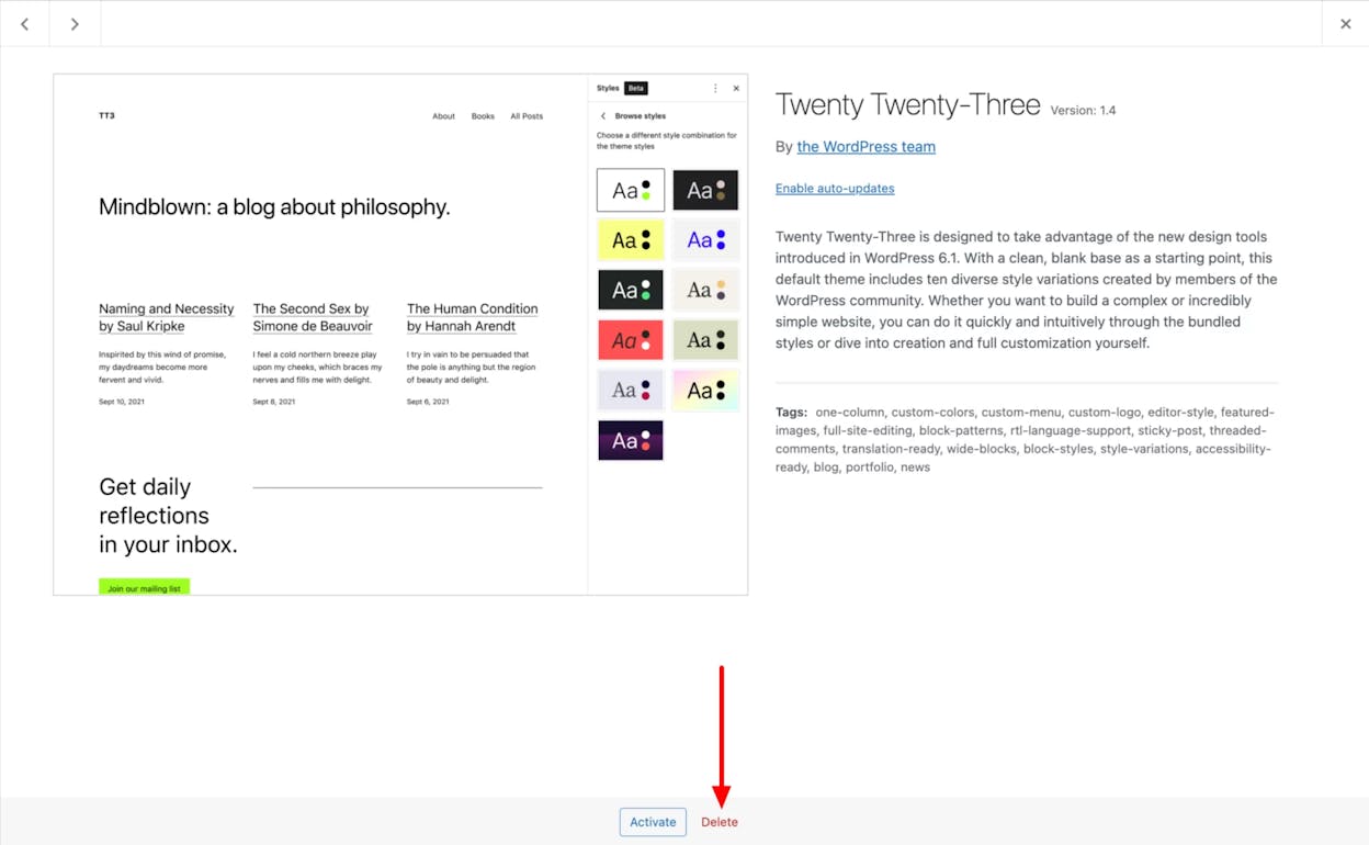 [Screenshot: WordPress Themes page with the Delete button visible on an unused theme]