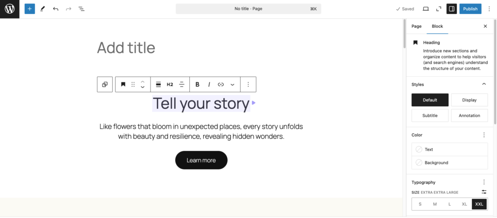 [Screenshot: WordPress page editor (Gutenberg) showing a blank new page with the title field active]