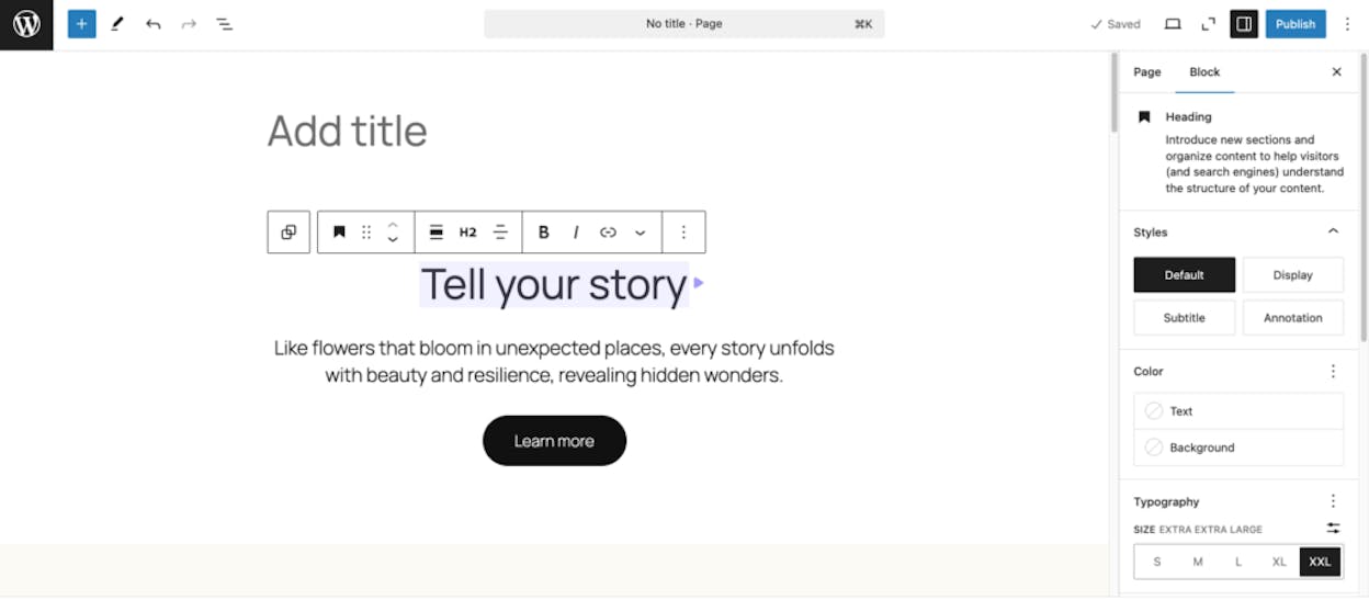 [Screenshot: WordPress page editor (Gutenberg) showing a blank new page with the title field active]