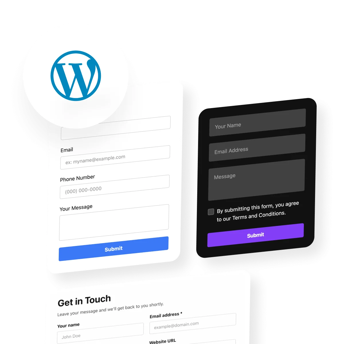 [Screenshot: A WordPress contact page with a simple form showing name, email, and message fields]