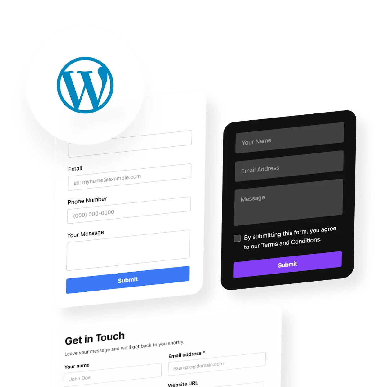 [Screenshot: A WordPress contact page with a simple form showing name, email, and message fields]