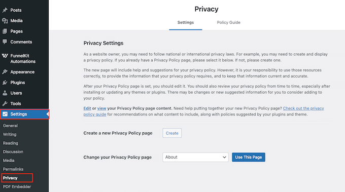 [Screenshot: WordPress Privacy Settings page with the &ldquo;Create&rdquo; button for generating a privacy policy]