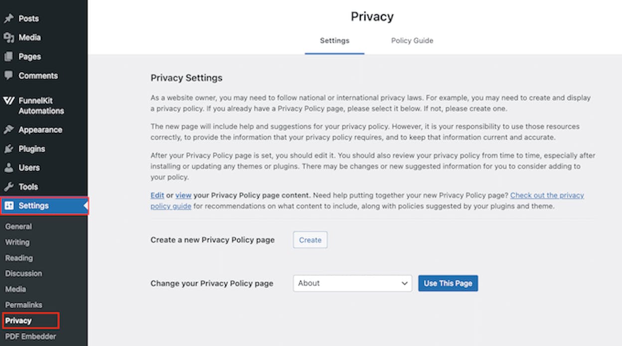 [Screenshot: WordPress Privacy Settings page with the &ldquo;Create&rdquo; button for generating a privacy policy]