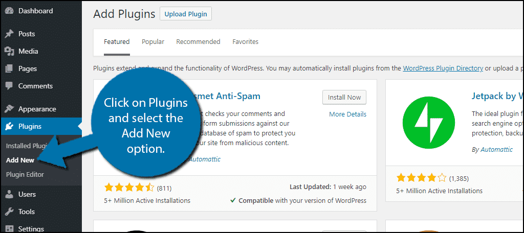 [Screenshot: WordPress Plugins &ldquo;Add New&rdquo; page showing the search bar and featured plugins]