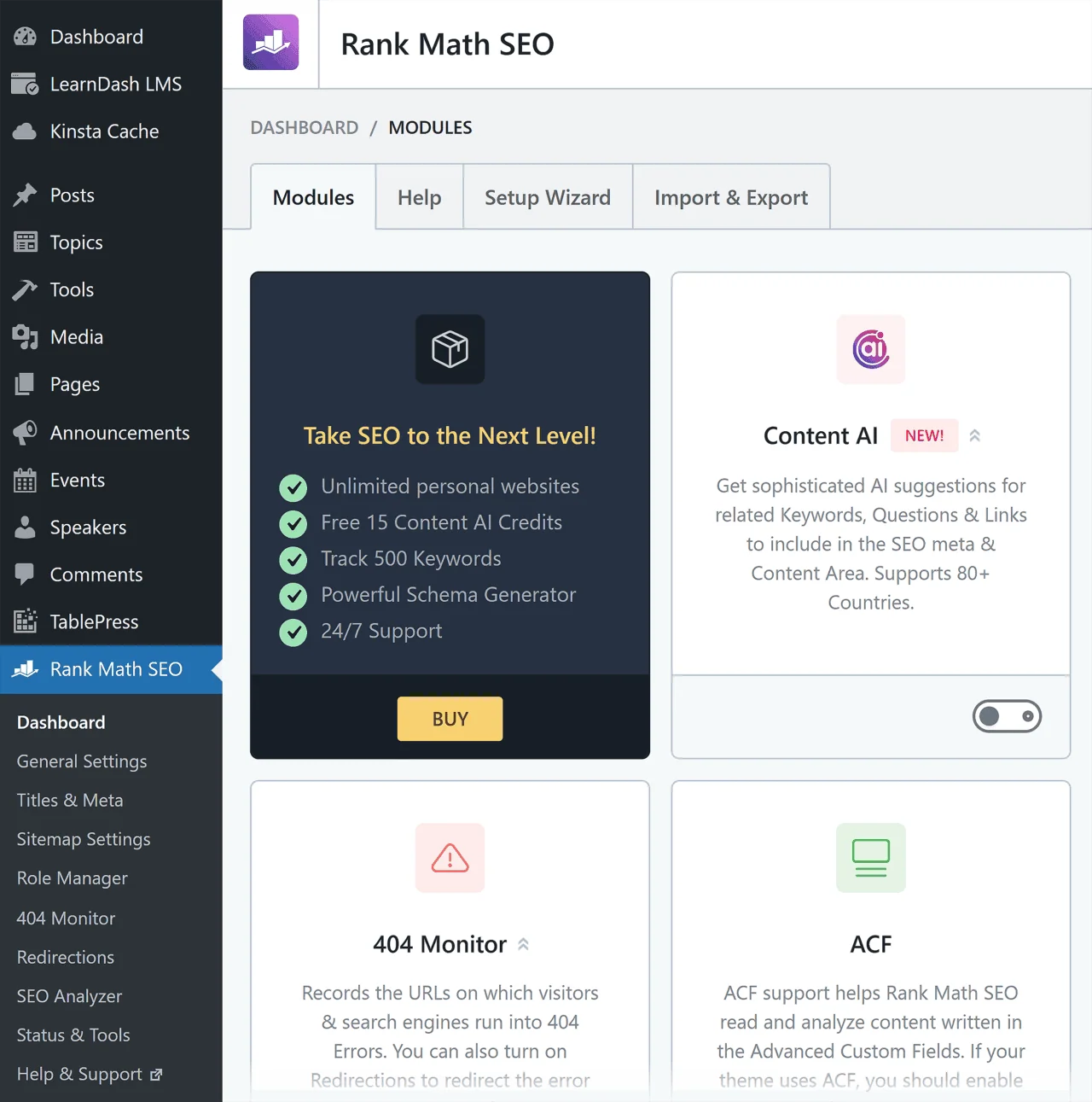 [Screenshot: Rank Math SEO plugin settings inside a WordPress post editor, showing the SEO score, focus keyword, and meta description fields]