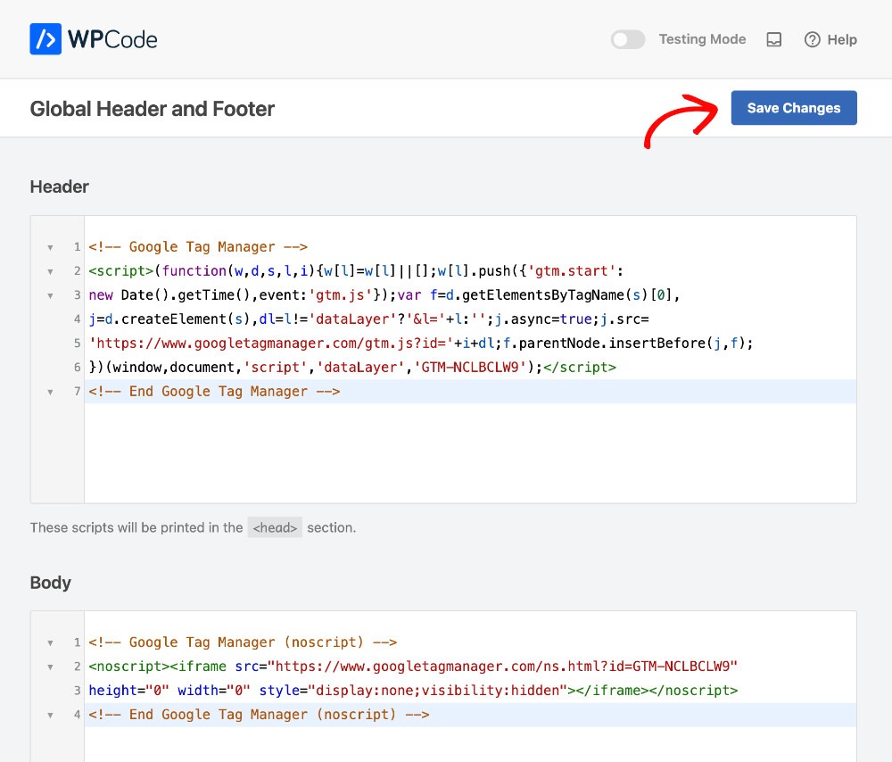 [Screenshot: WPCode plugin interface showing the header code field where you paste Google Analytics tracking code]