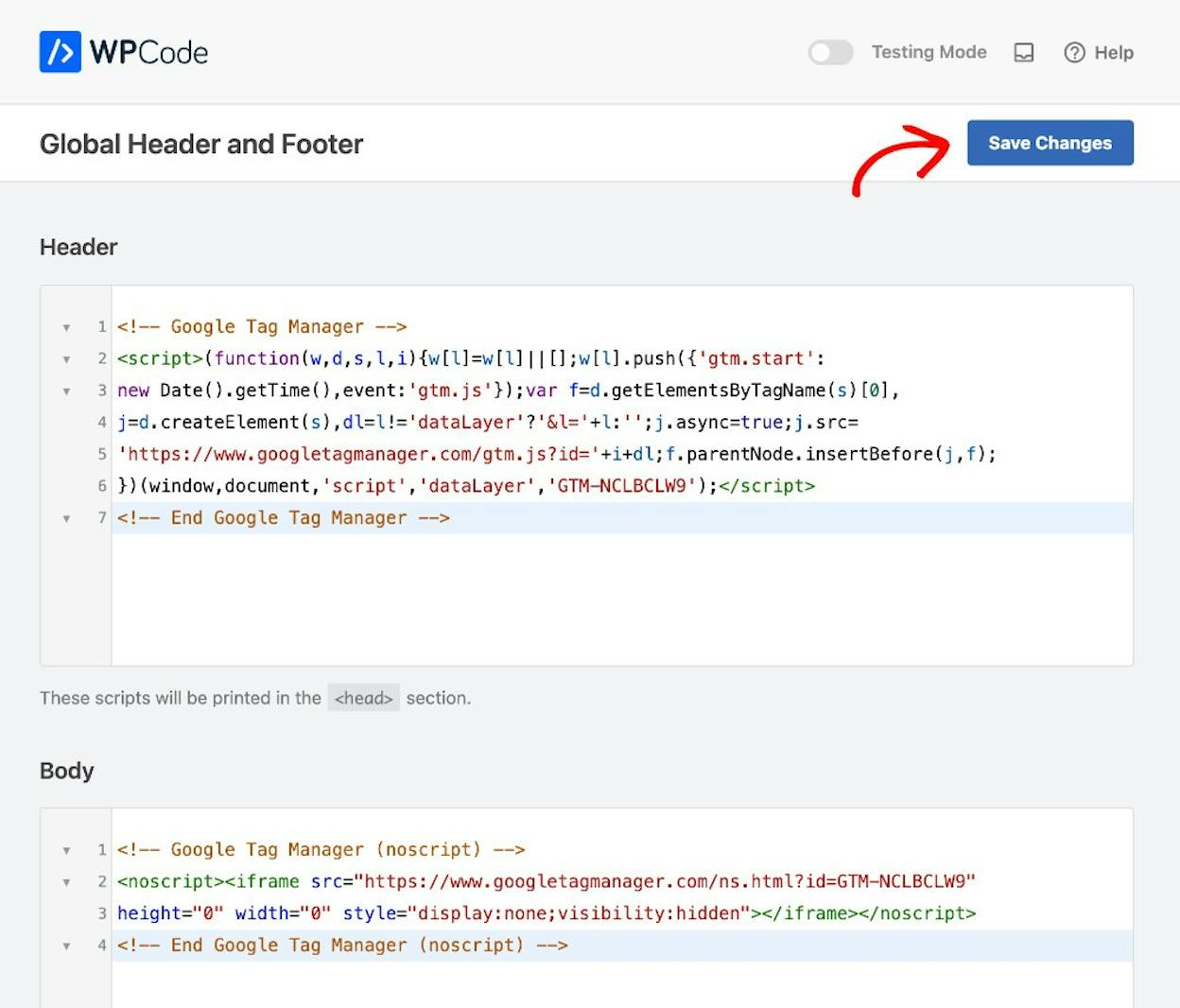 [Screenshot: WPCode plugin interface showing the header code field where you paste Google Analytics tracking code]