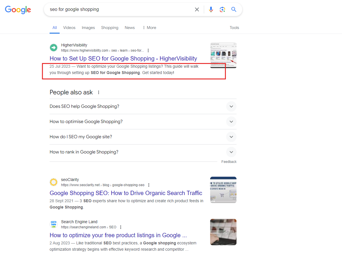 [Screenshot: Google search results page showing the top 5 results for a keyword, demonstrating search intent]