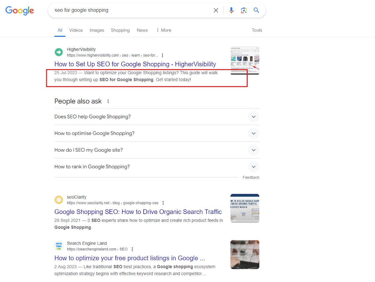 [Screenshot: Google search results page showing the top 5 results for a keyword, demonstrating search intent]
