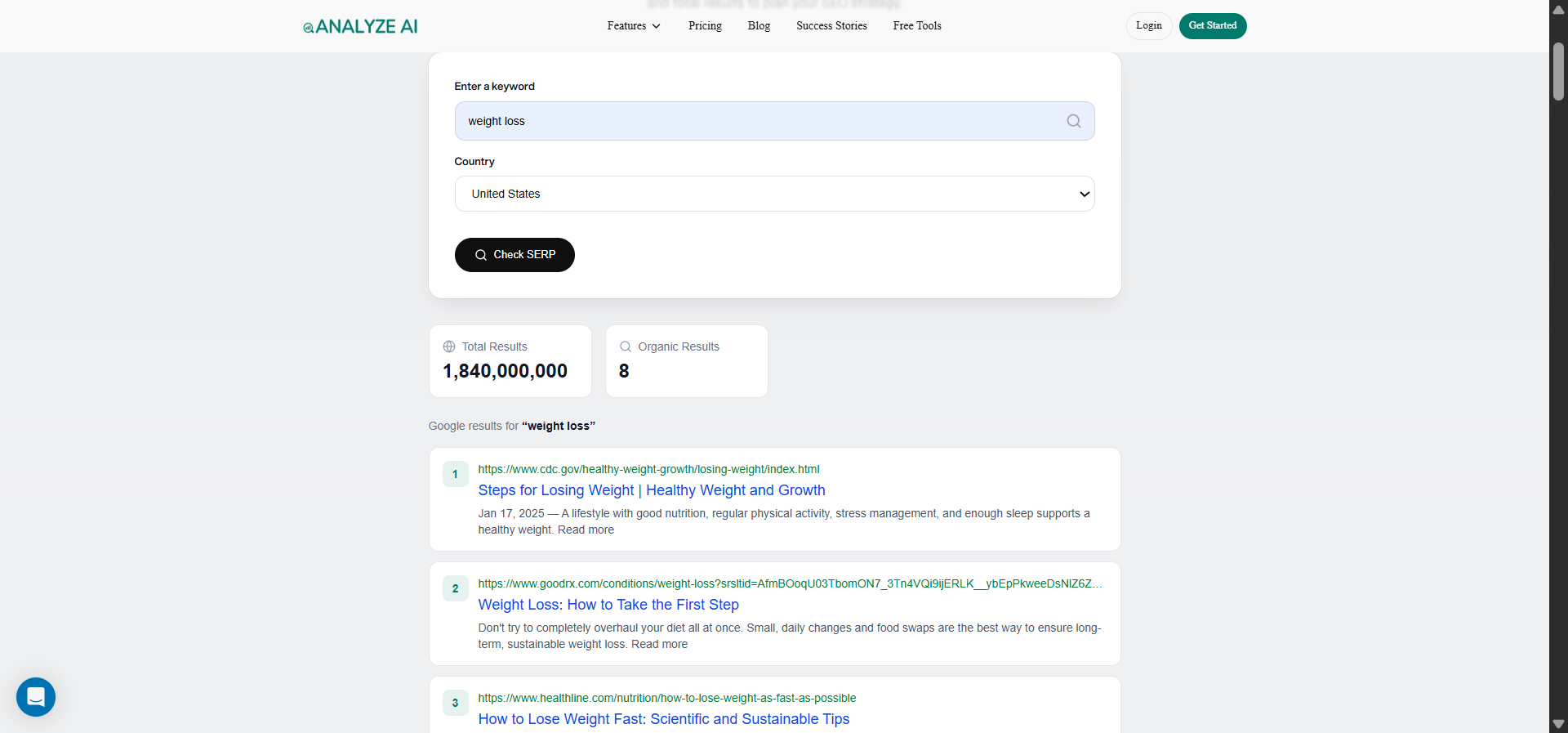 [Screenshot: Analyze AI SERP Checker showing top ranking pages with authority metrics and content types]