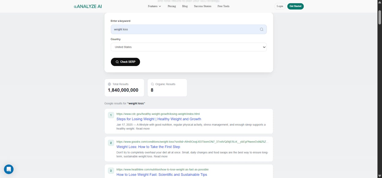 [Screenshot: Analyze AI SERP Checker showing top ranking pages with authority metrics and content types]