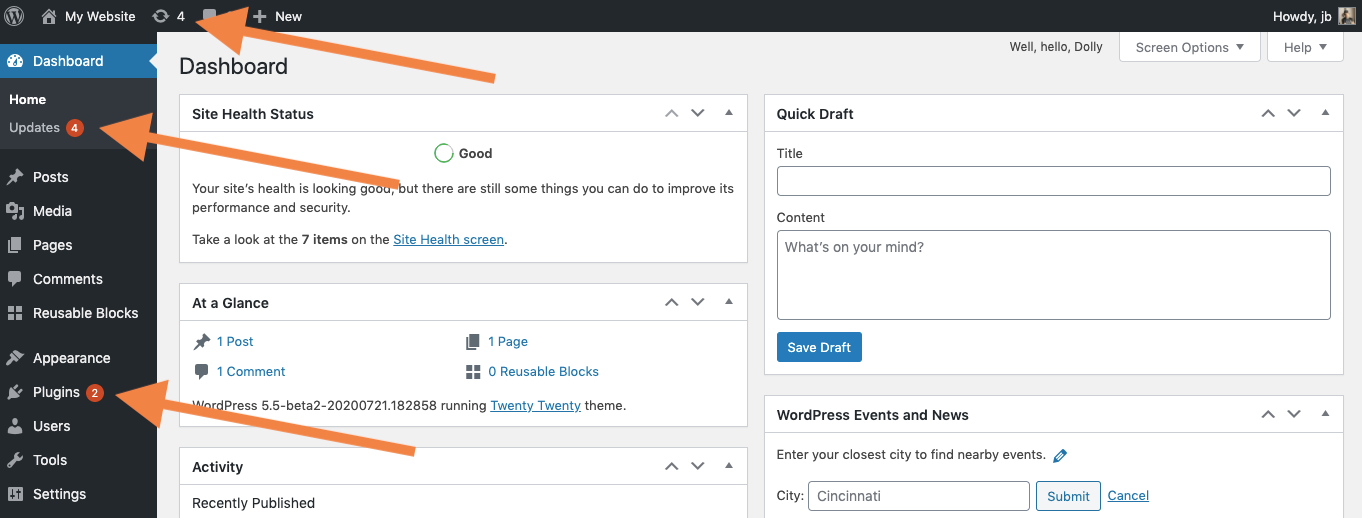 [Screenshot: WordPress Updates page showing available updates for plugins, themes, and WordPress core]