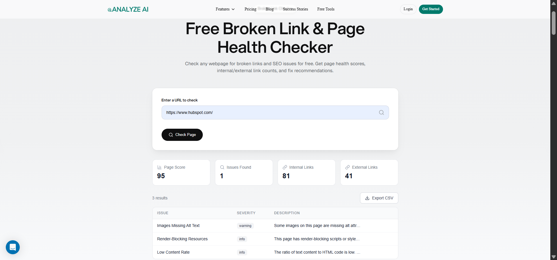 [Screenshot: Analyze AI Broken Link Checker results showing broken URLs, their status codes, and the pages linking to them]