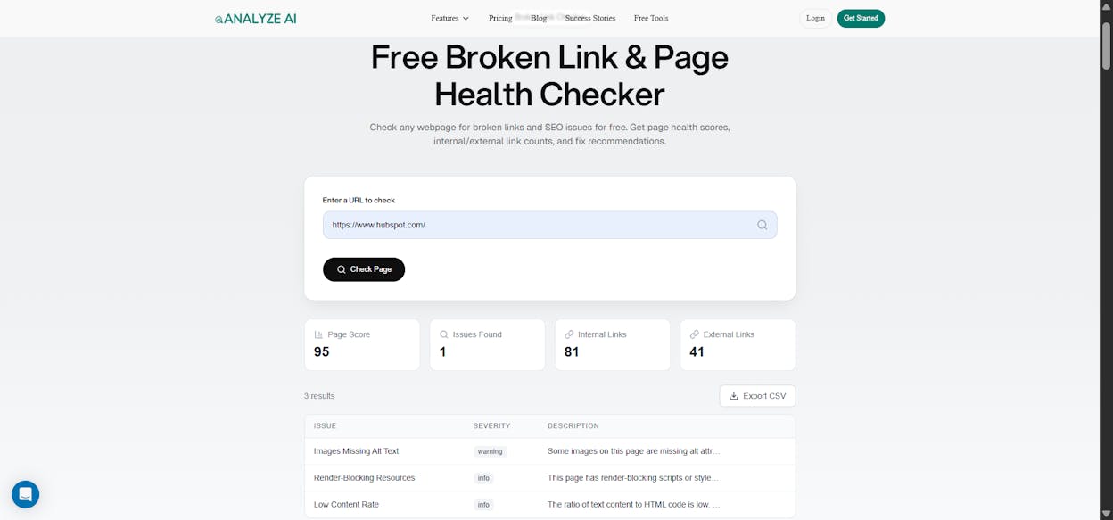 [Screenshot: Analyze AI Broken Link Checker results showing broken URLs, their status codes, and the pages linking to them]