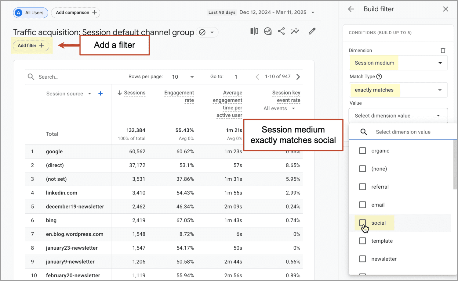 [Screenshot: filtered paid keyword list showing rows where paid landing page URL equals top organic URL]