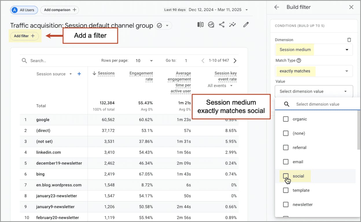 [Screenshot: filtered paid keyword list showing rows where paid landing page URL equals top organic URL]